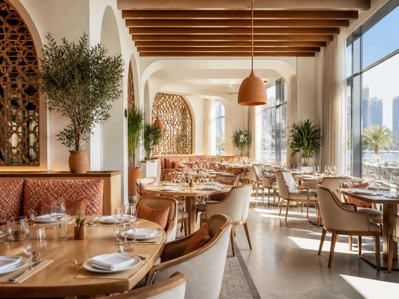 Bright modern restaurant dining room with warm wood accents