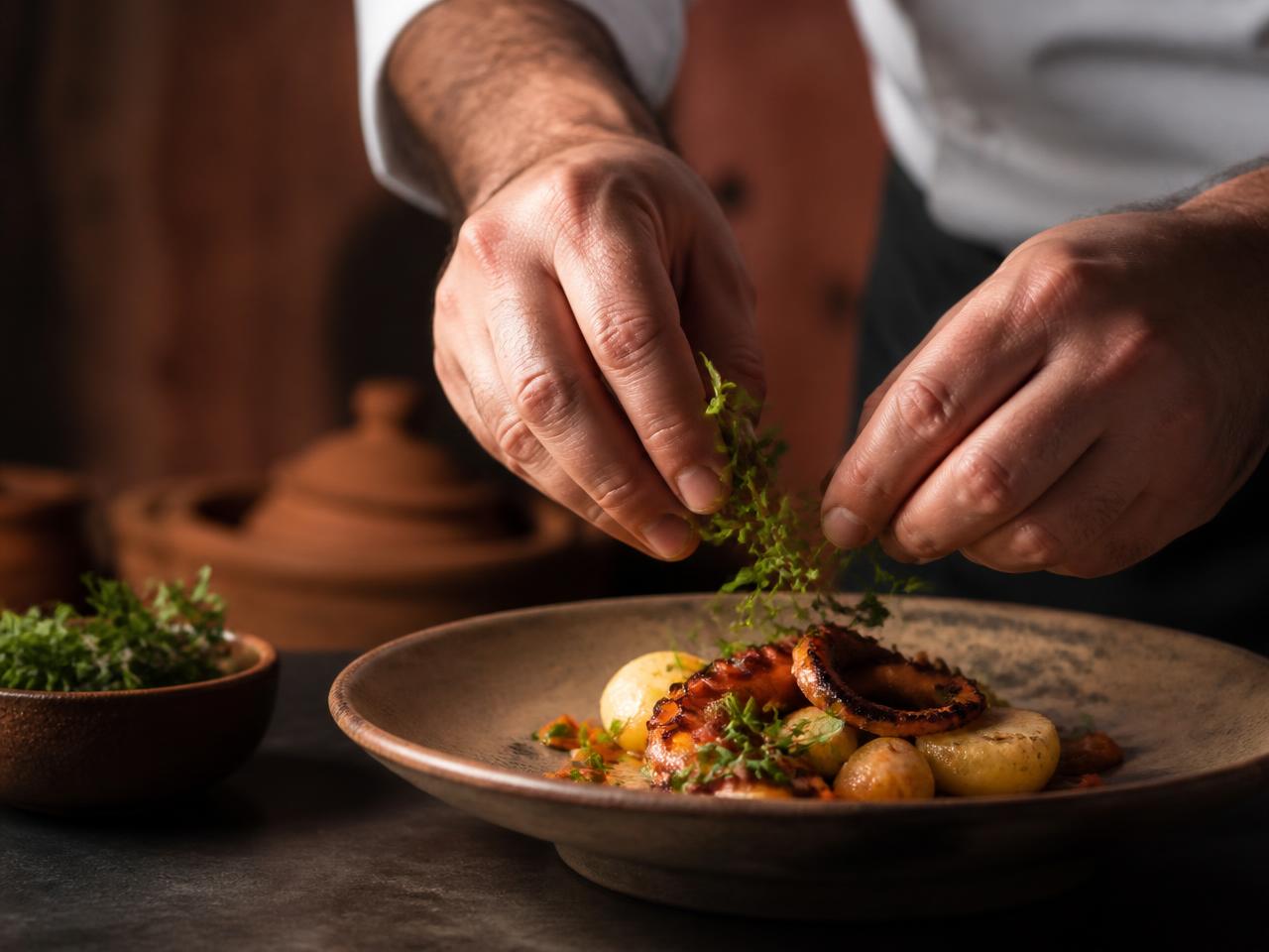 Chef garnishing a dish in a warm kitchen