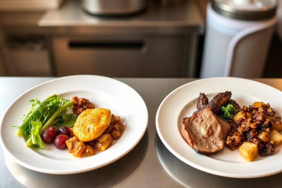 Two plates of the same dish plated differently