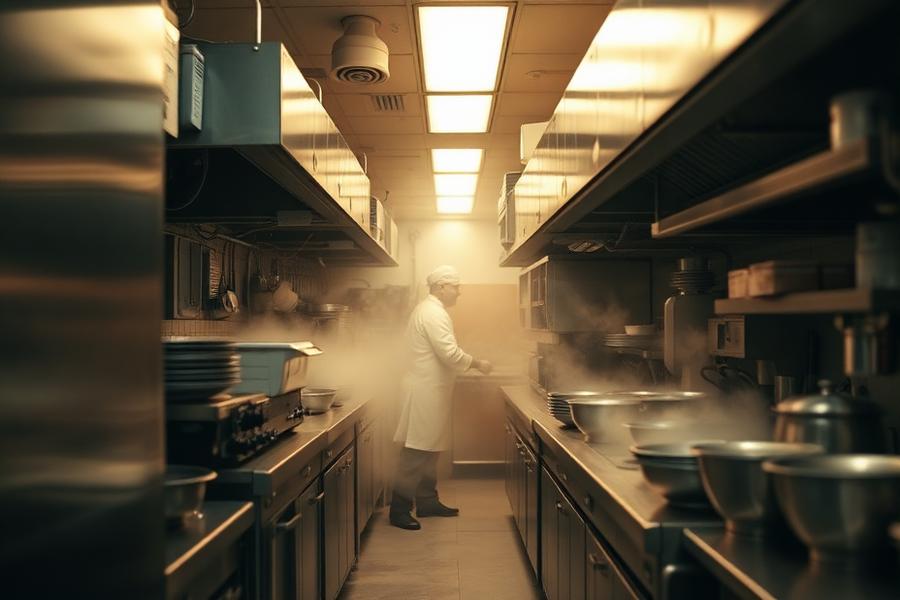 A cramped commercial kitchen line