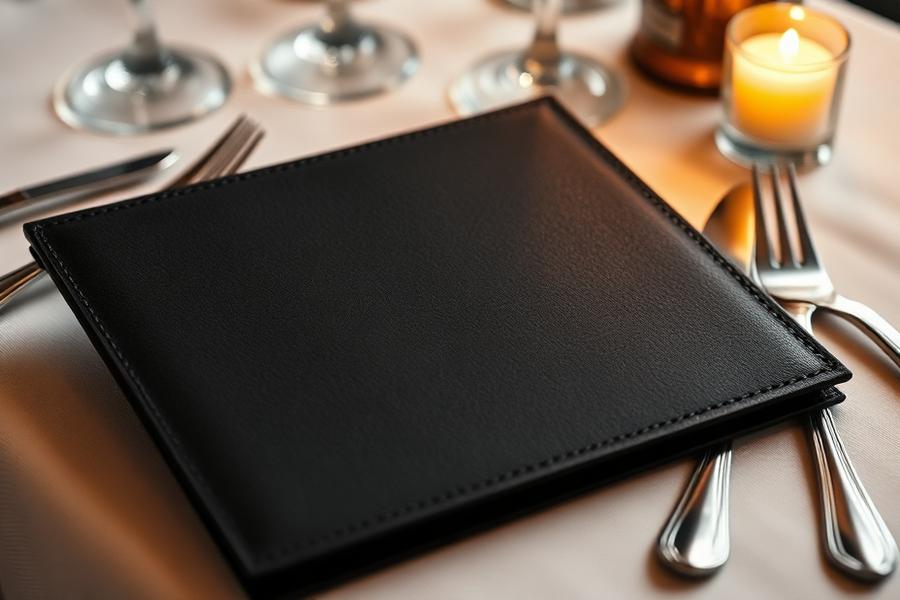 A closed leather menu folder on a set table