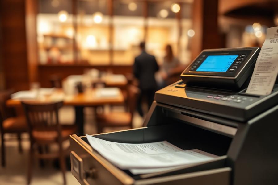 Open cash drawer with receipts in a busy restaurant