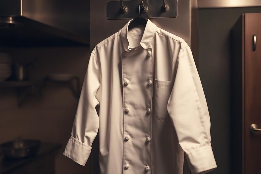 An empty chef jacket hanging in a kitchen