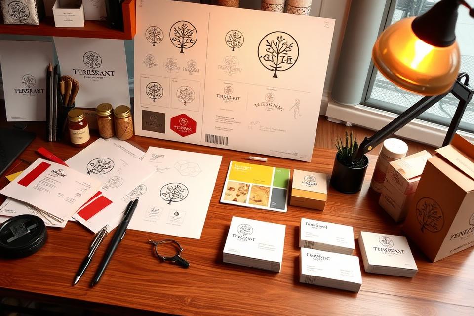 A restaurant brand identity design workspace