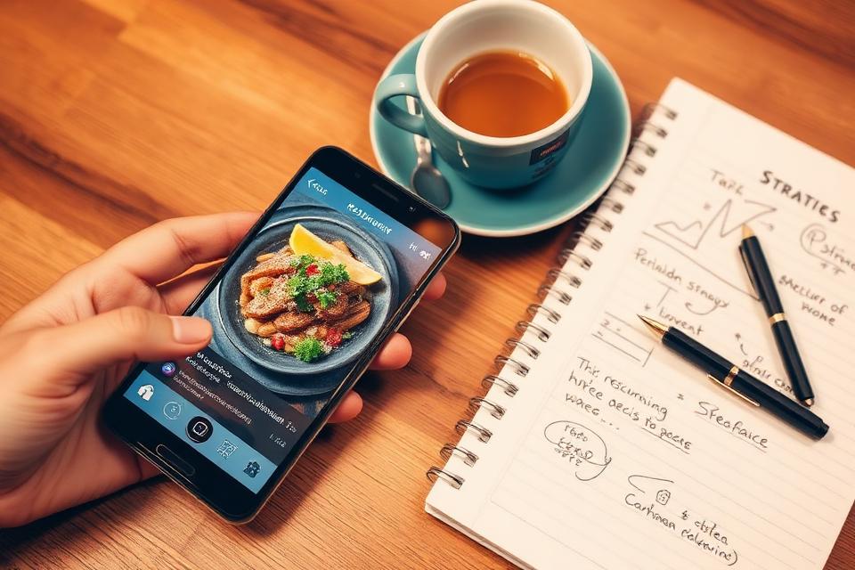A marketing strategy flat lay with a phone and notebook