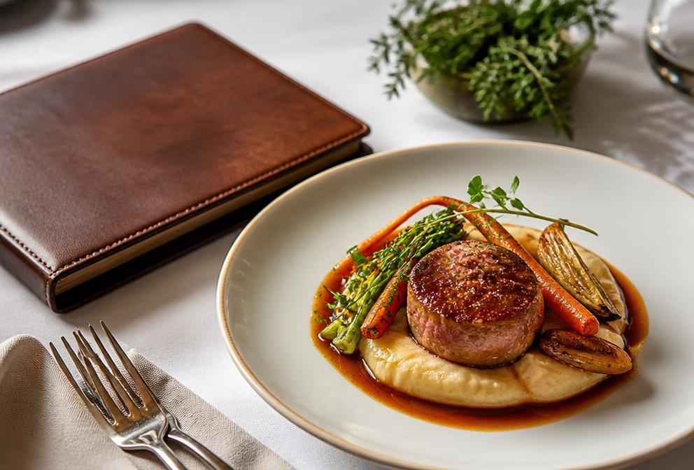 An elegant leather-bound menu beside a plated dish