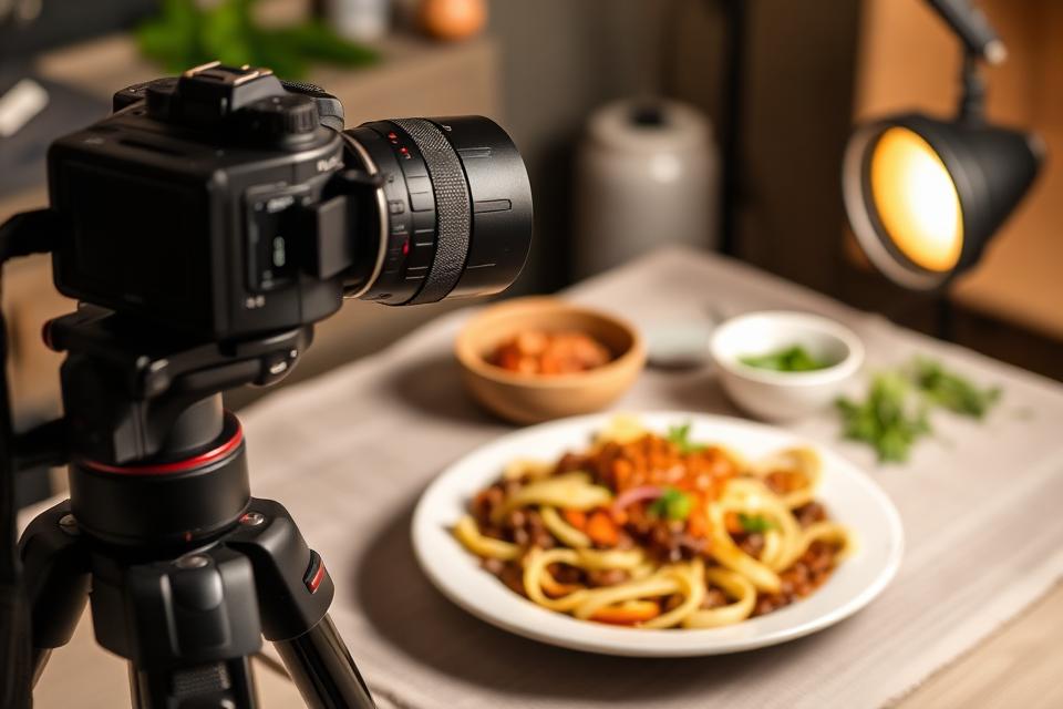 A camera on a tripod photographing a styled dish
