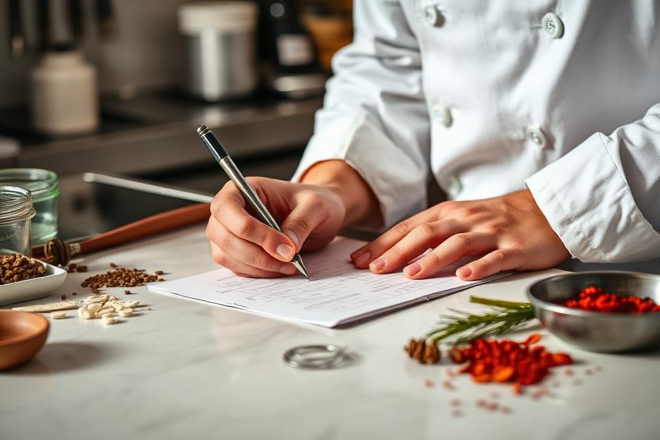 A chef writing standardized recipe cards among spices