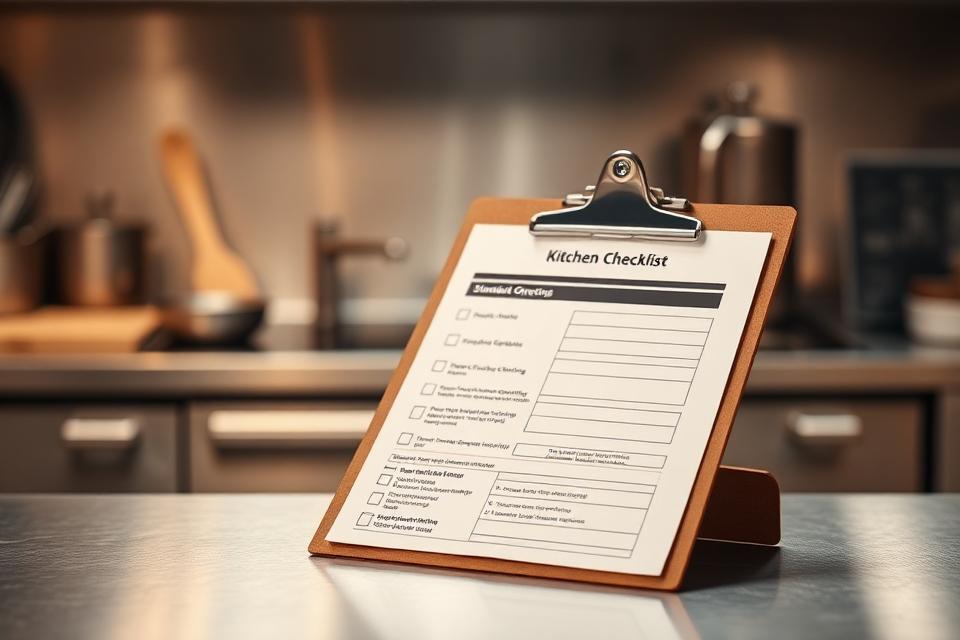 A kitchen checklist clipboard in a professional kitchen